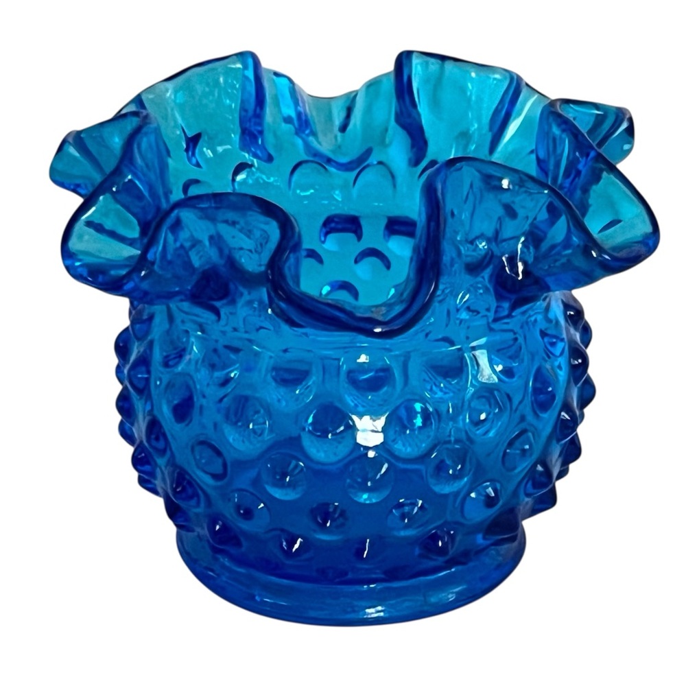 Vintage 3” Fenton Blue glass Ruffled Hobnail dish